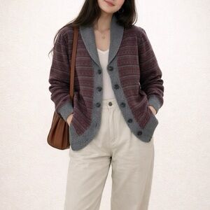 Gap Shawl Collar Cardigan Maroon & Gray Knit Grandpa Sweater Preppy y2k